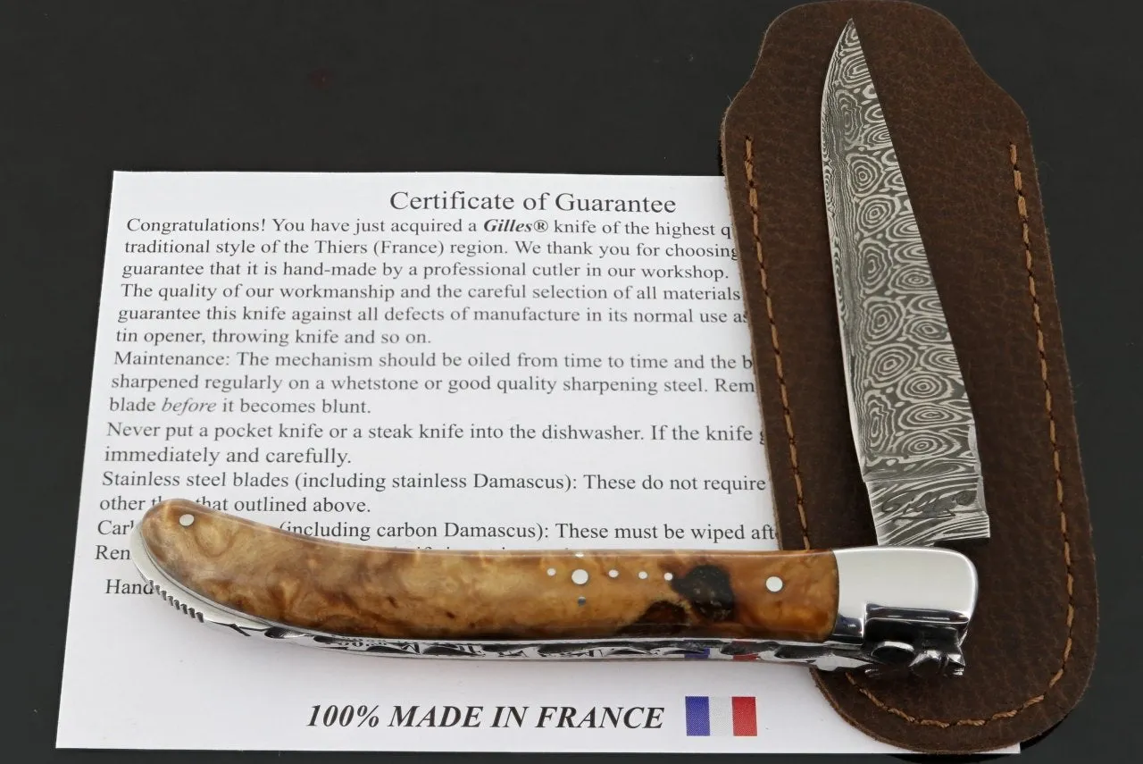 Laguiole XS Damascus Pocket Knife Stabilized Beech Handle