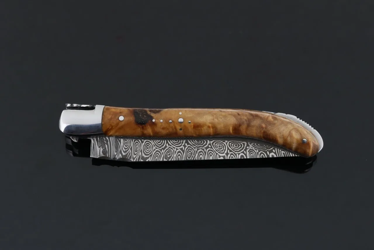 Laguiole XS Damascus Pocket Knife Stabilized Beech Handle