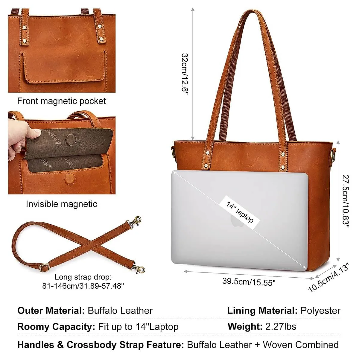 Large Leather Tote with Pockets