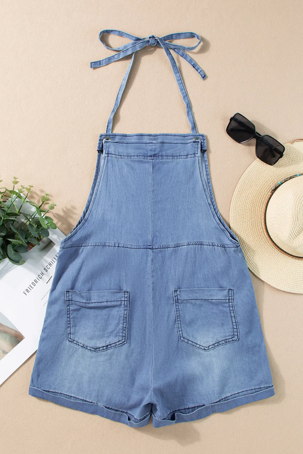 Light Blue Grommet Tie Straps Casual Denim Romper