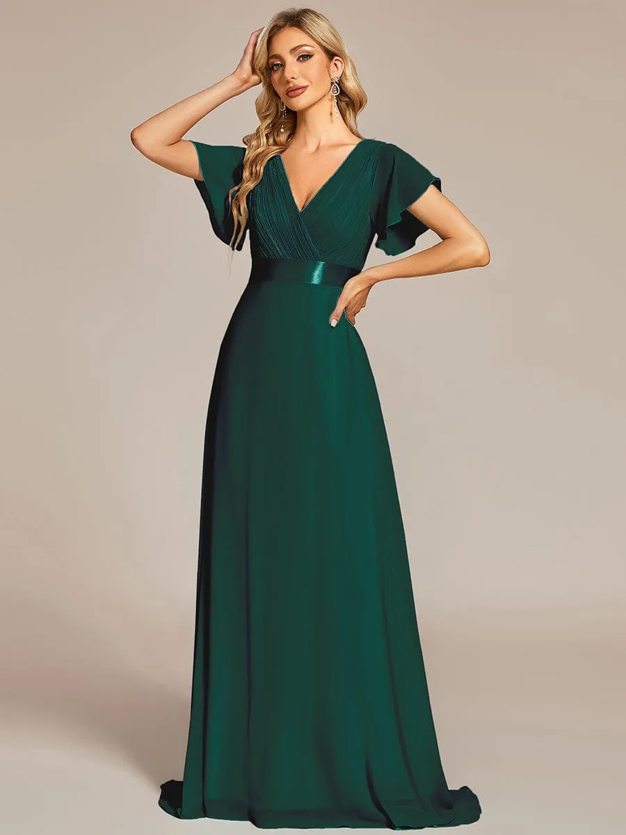 Long Chiffon Empire Waist Bridesmaid Dress with Short Flutter Sleeves