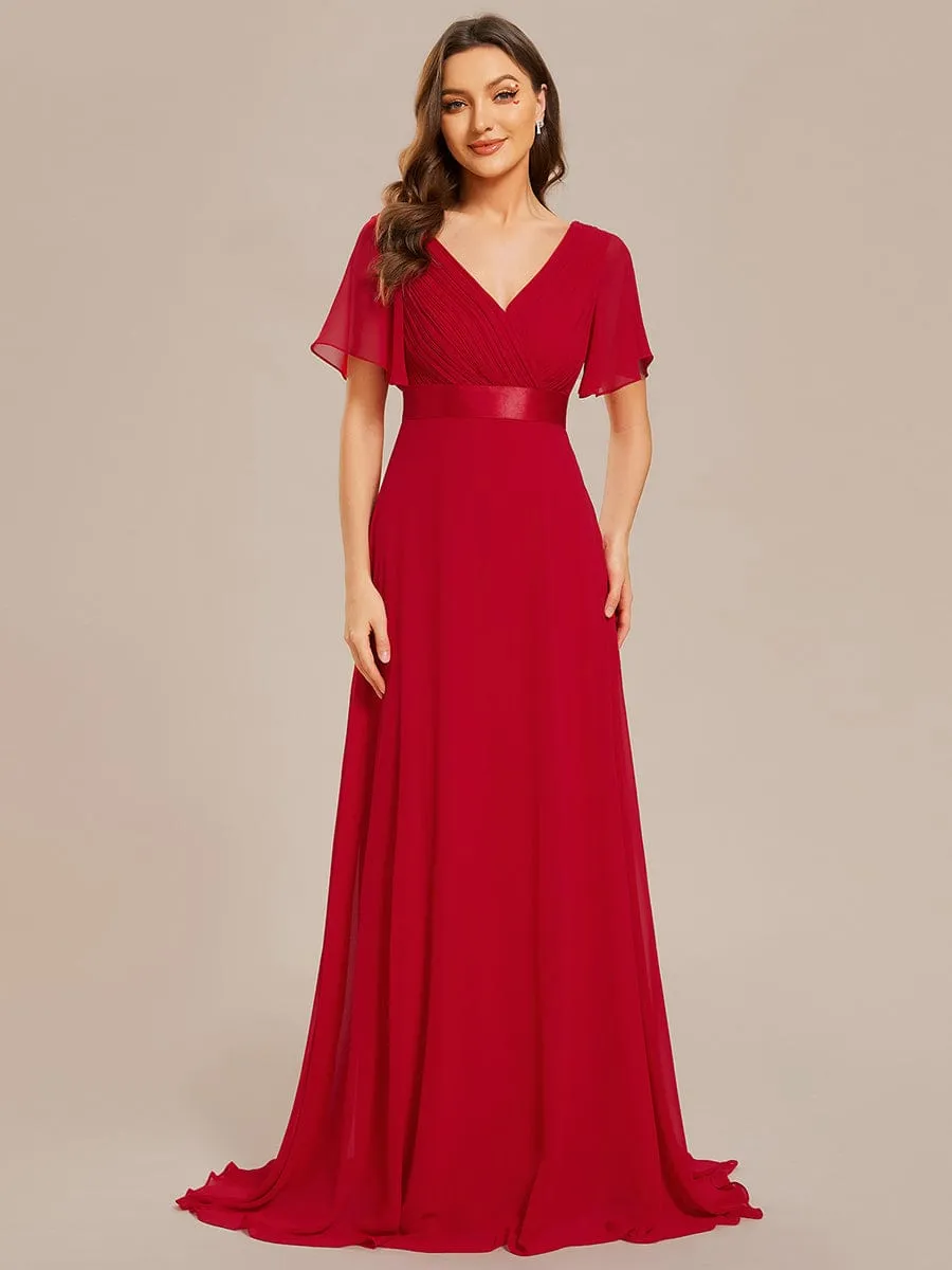 Long Chiffon Empire Waist Bridesmaid Dress with Short Flutter Sleeves