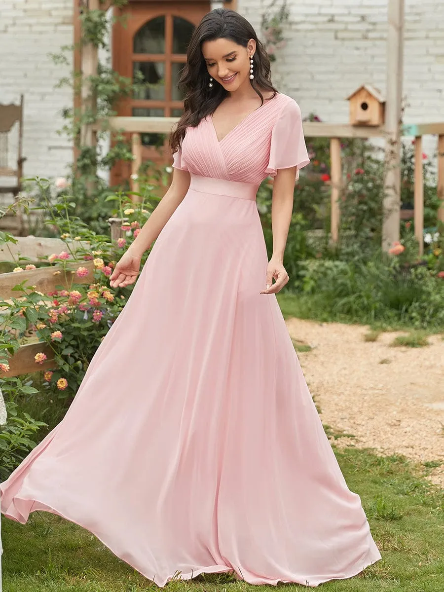 Long Chiffon Empire Waist Bridesmaid Dress with Short Flutter Sleeves