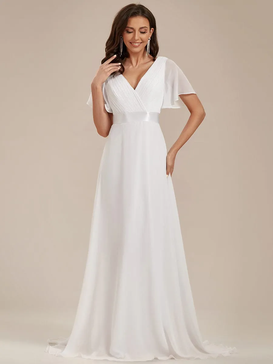 Long Chiffon Empire Waist Bridesmaid Dress with Short Flutter Sleeves