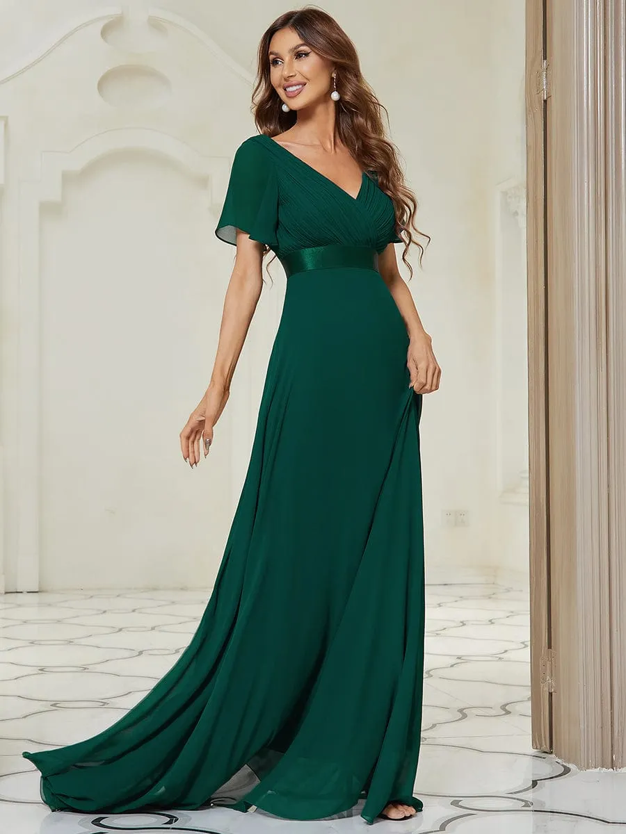 Long Chiffon Empire Waist Bridesmaid Dress with Short Flutter Sleeves