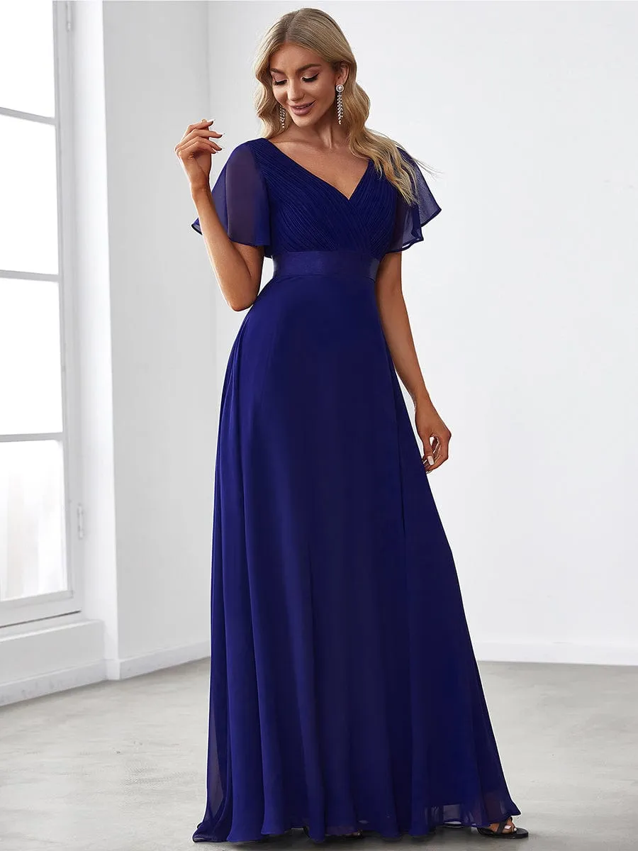 Long Chiffon Empire Waist Bridesmaid Dress with Short Flutter Sleeves