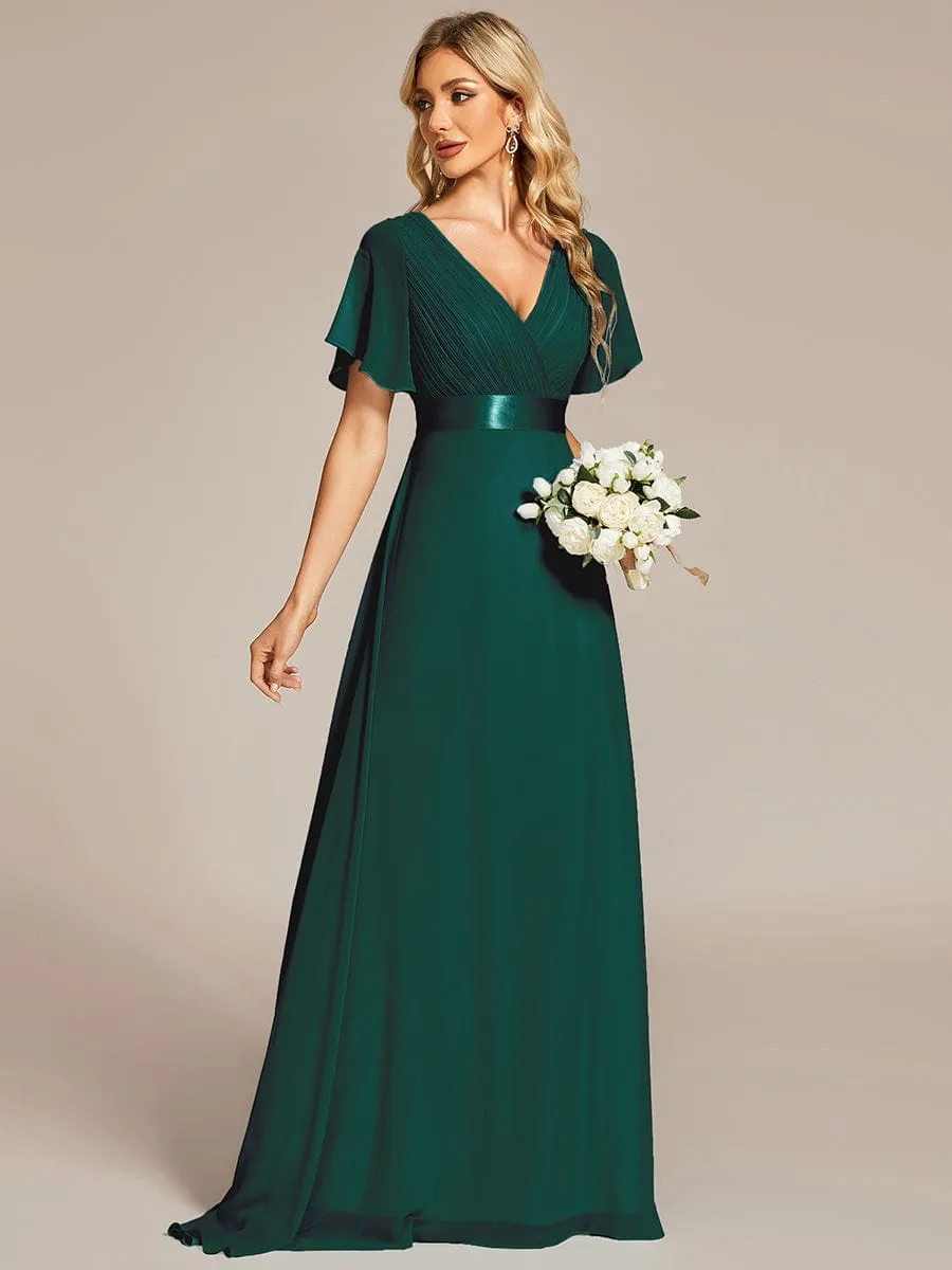 Long Chiffon Empire Waist Bridesmaid Dress with Short Flutter Sleeves