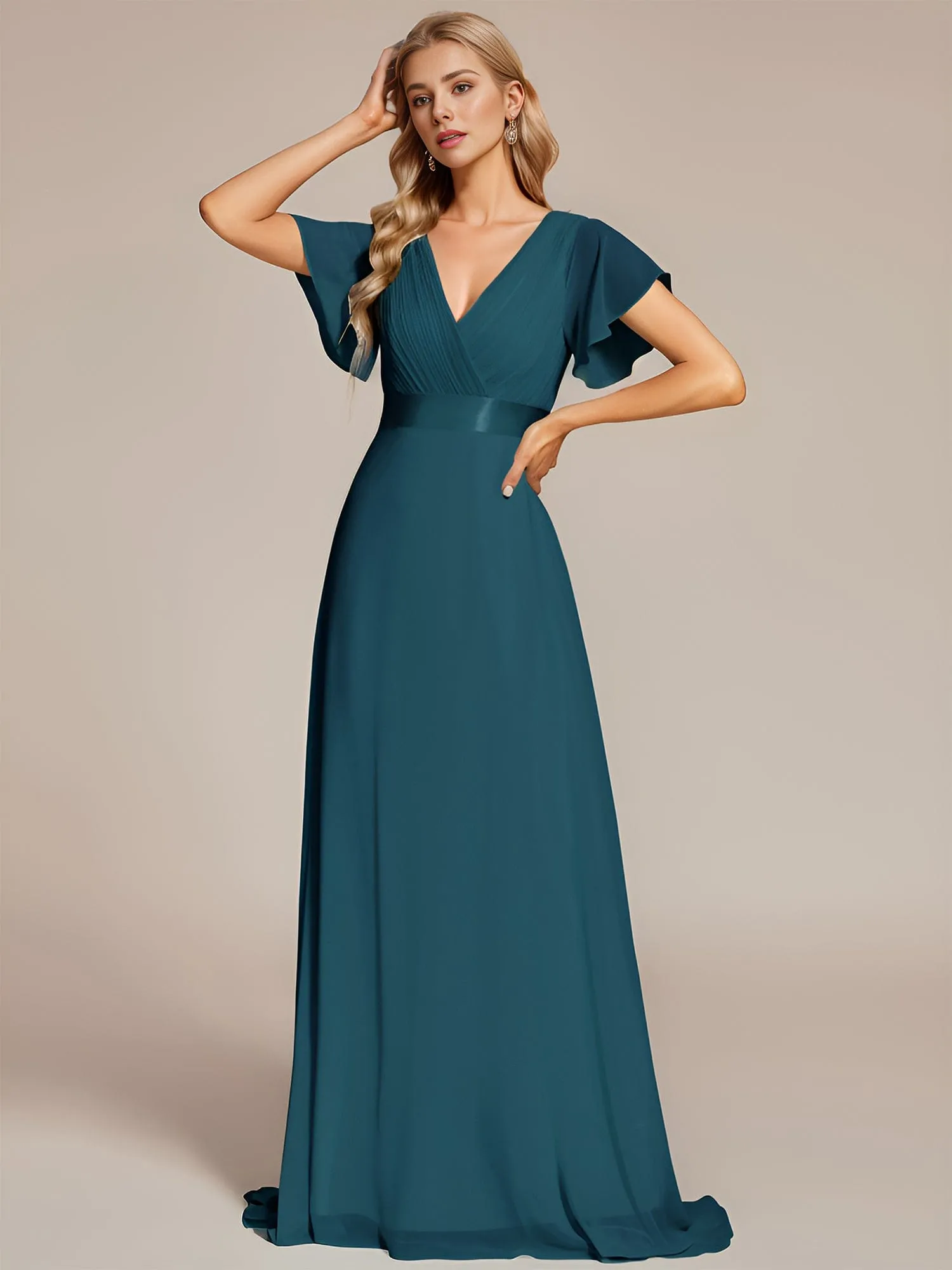 Long Chiffon Empire Waist Bridesmaid Dress with Short Flutter Sleeves