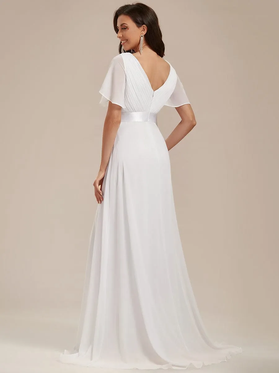 Long Chiffon Empire Waist Bridesmaid Dress with Short Flutter Sleeves