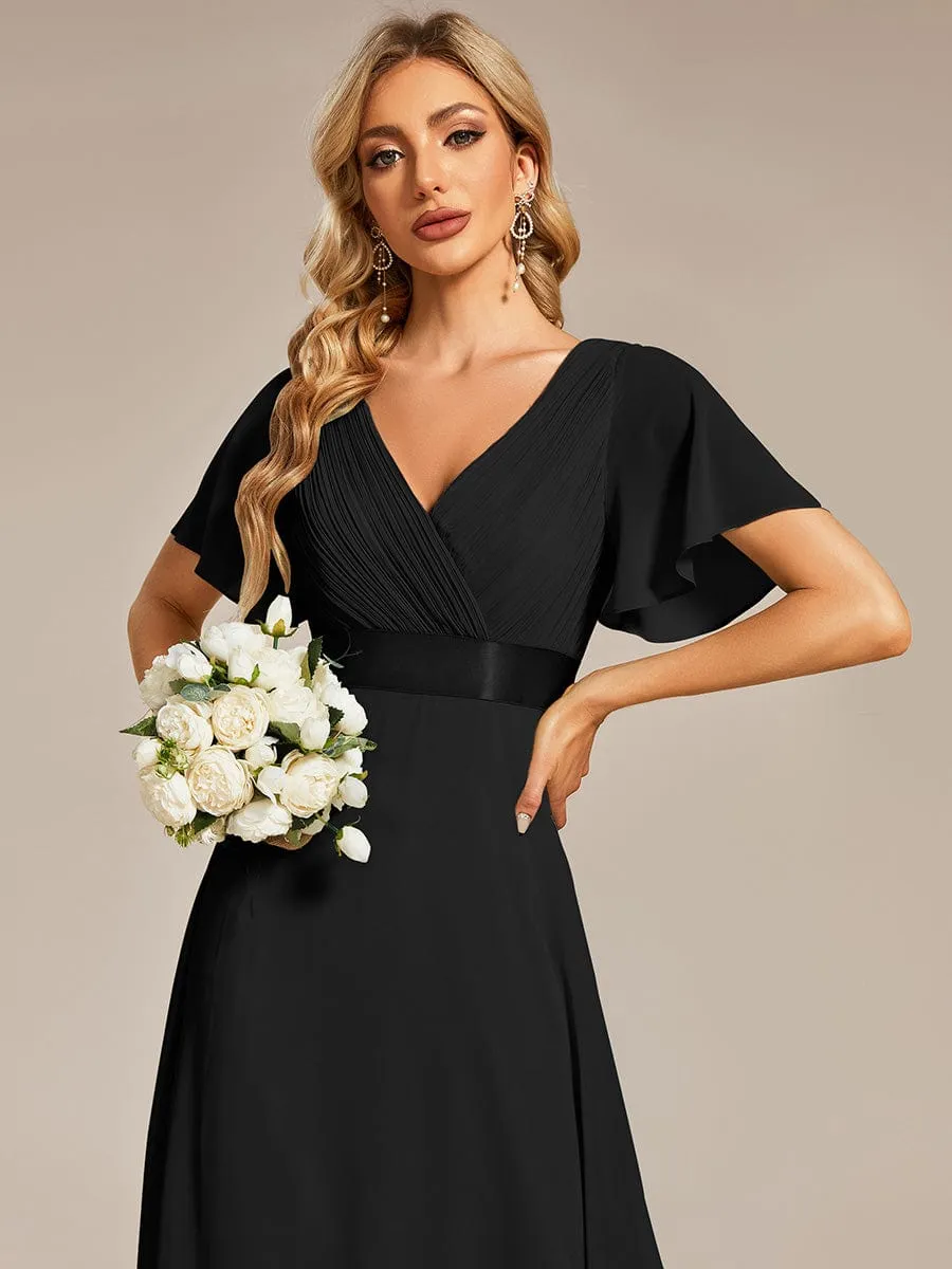 Long Chiffon Empire Waist Bridesmaid Dress with Short Flutter Sleeves