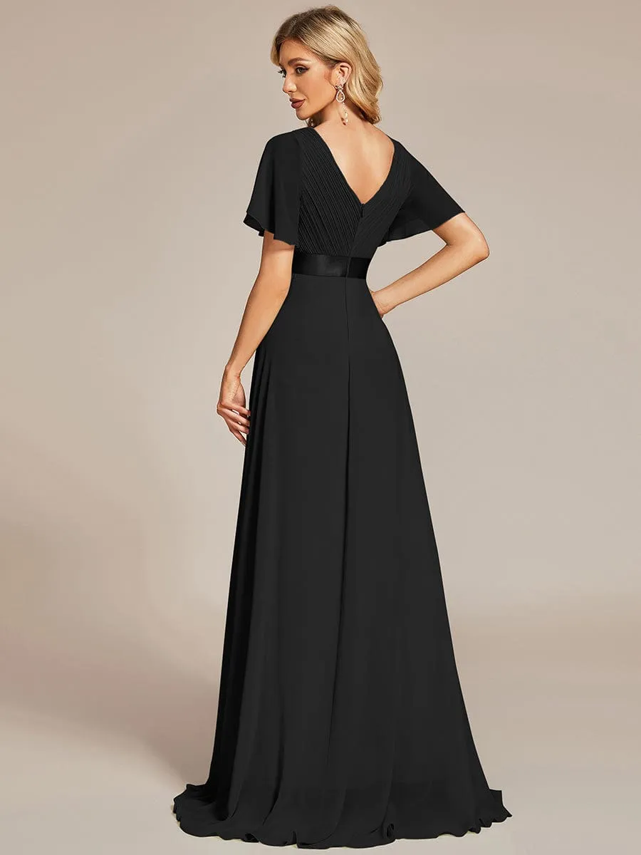 Long Chiffon Empire Waist Bridesmaid Dress with Short Flutter Sleeves