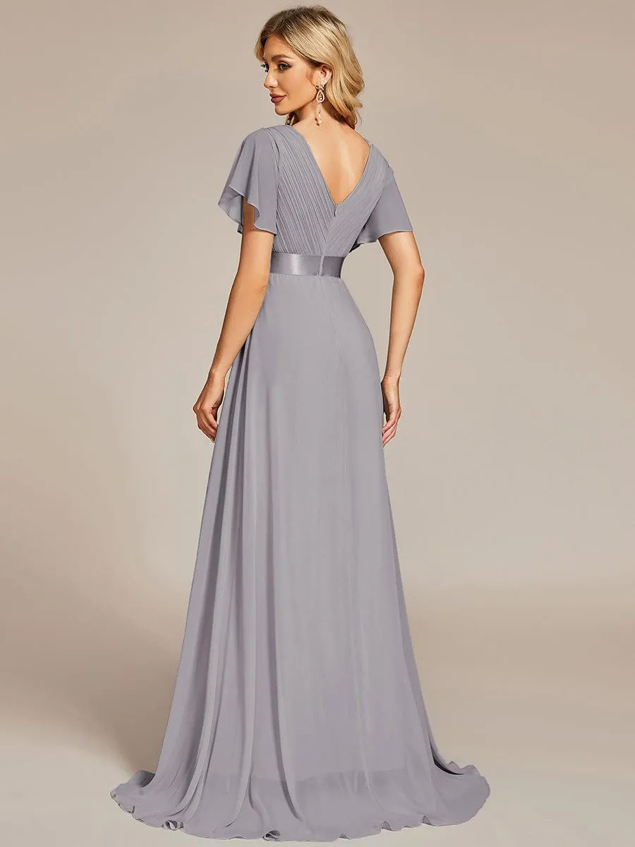 Long Chiffon Empire Waist Bridesmaid Dress with Short Flutter Sleeves