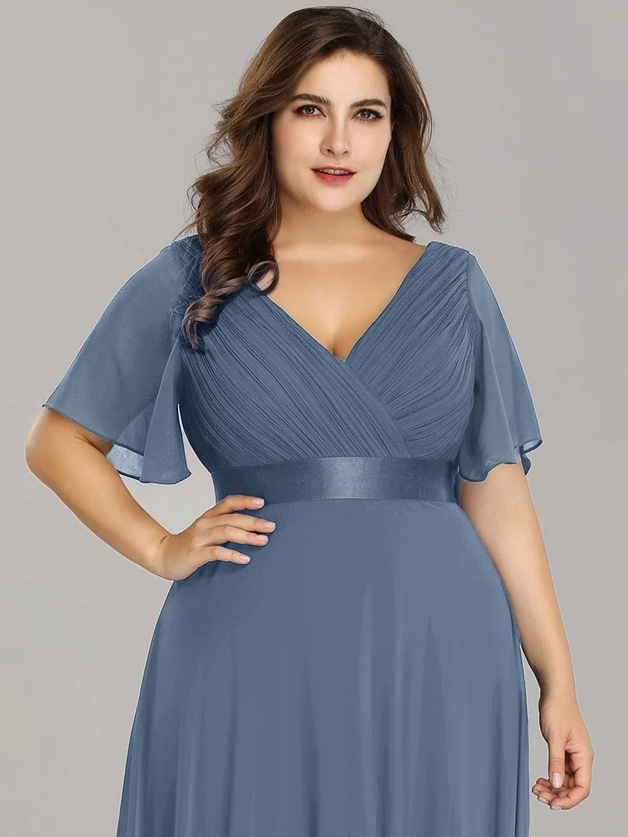 Long Chiffon Empire Waist Bridesmaid Dress with Short Flutter Sleeves