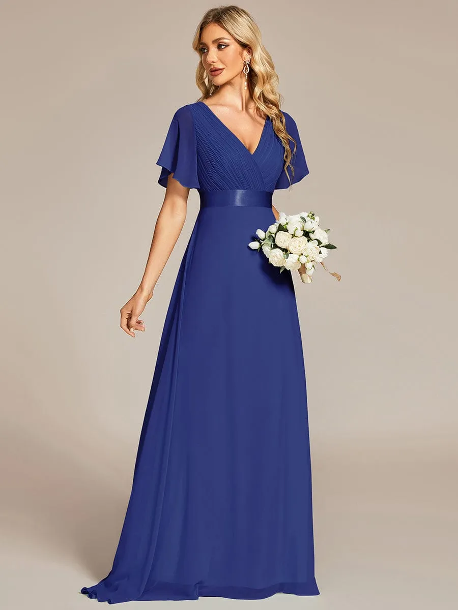 Long Chiffon Empire Waist Bridesmaid Dress with Short Flutter Sleeves