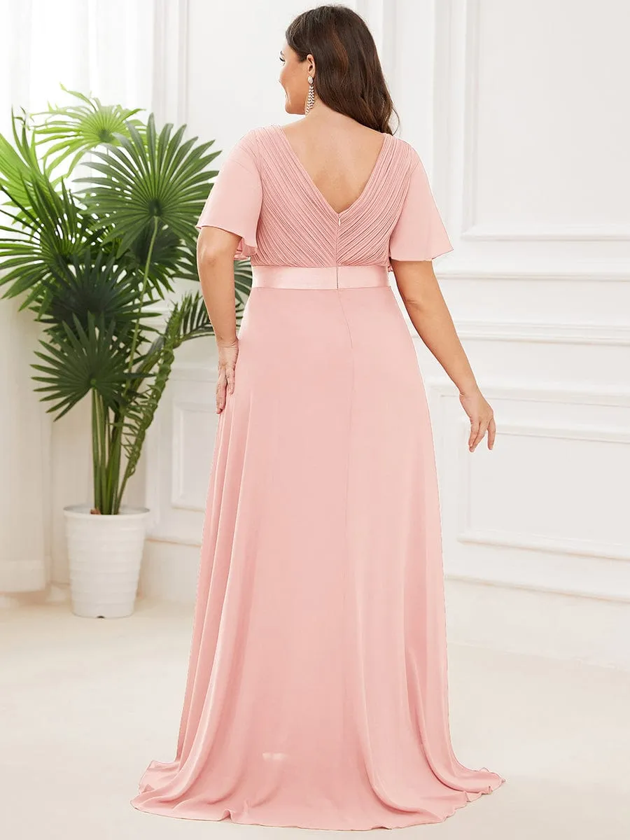 Long Chiffon Empire Waist Bridesmaid Dress with Short Flutter Sleeves