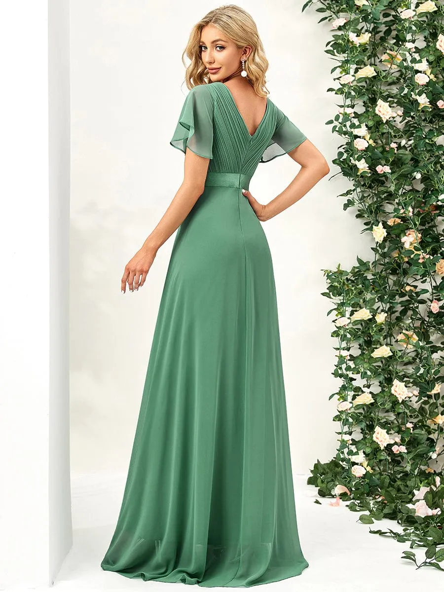 Long Chiffon Empire Waist Bridesmaid Dress with Short Flutter Sleeves