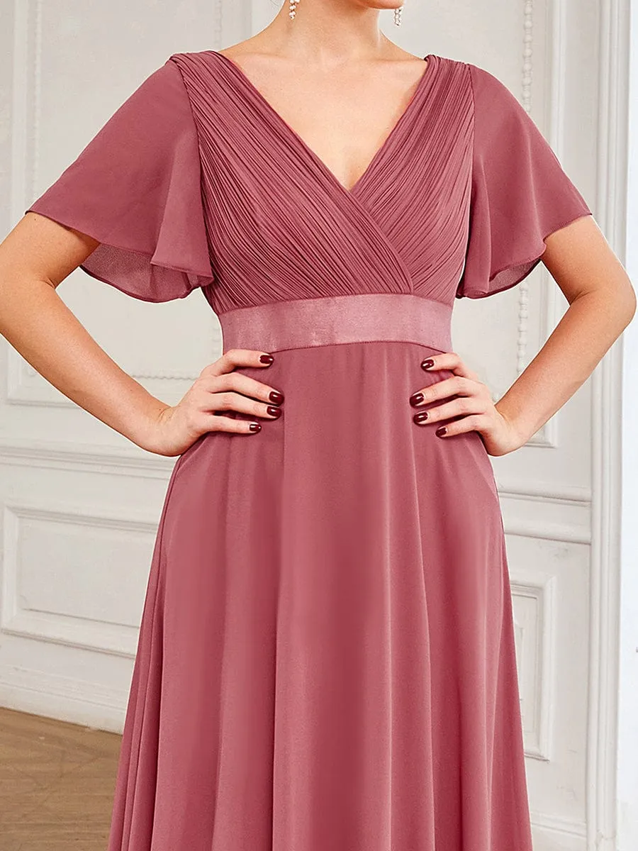 Long Chiffon Empire Waist Bridesmaid Dress with Short Flutter Sleeves