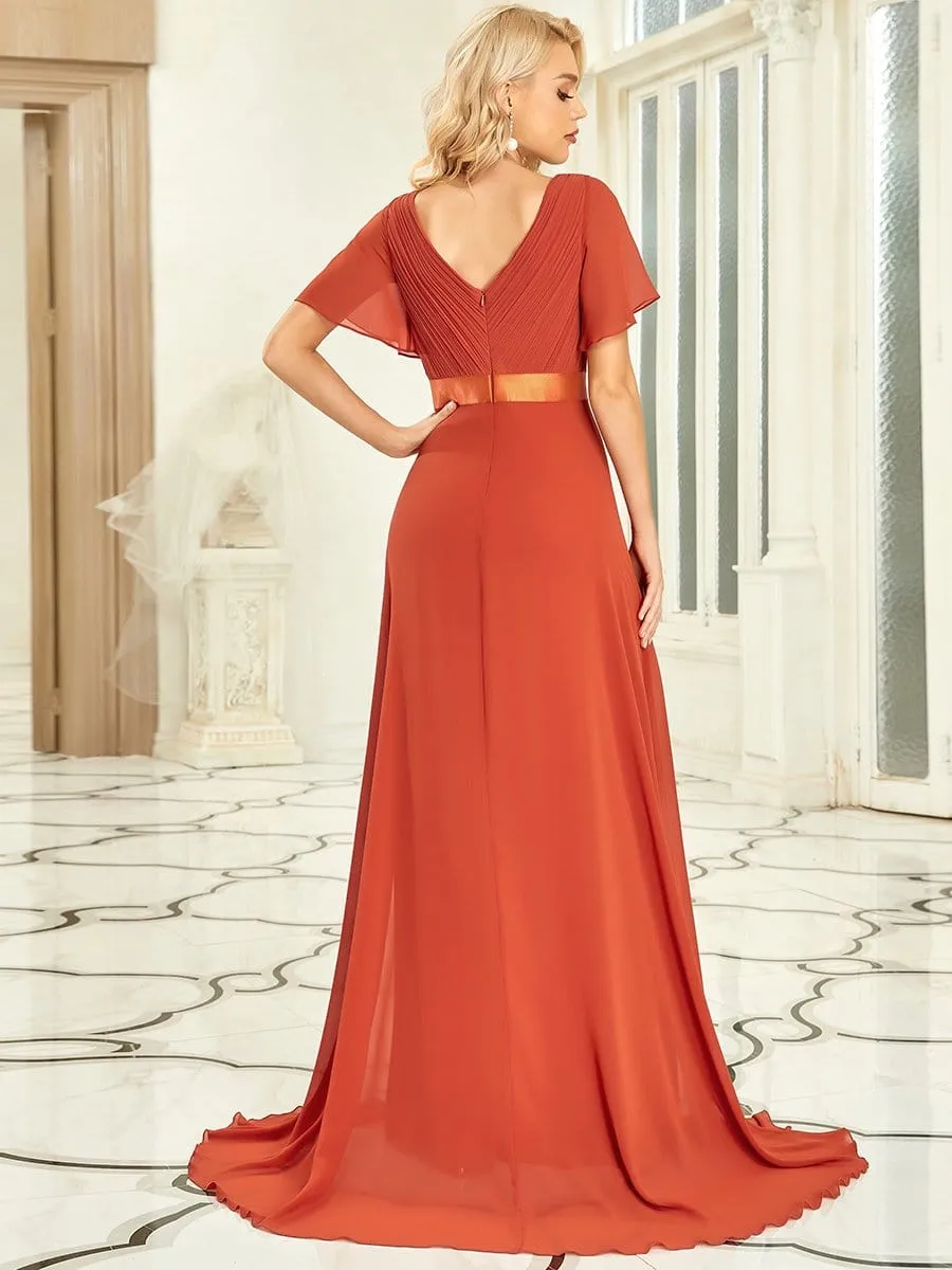 Long Chiffon Empire Waist Bridesmaid Dress with Short Flutter Sleeves