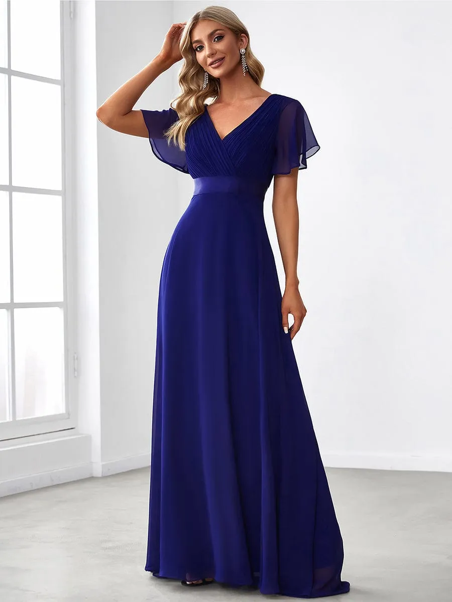 Long Chiffon Empire Waist Bridesmaid Dress with Short Flutter Sleeves