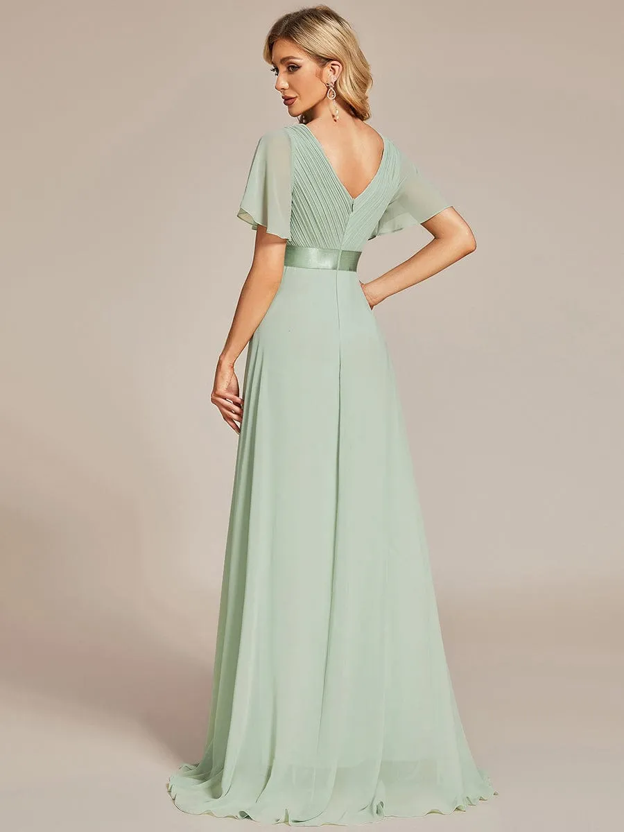 Long Chiffon Empire Waist Bridesmaid Dress with Short Flutter Sleeves