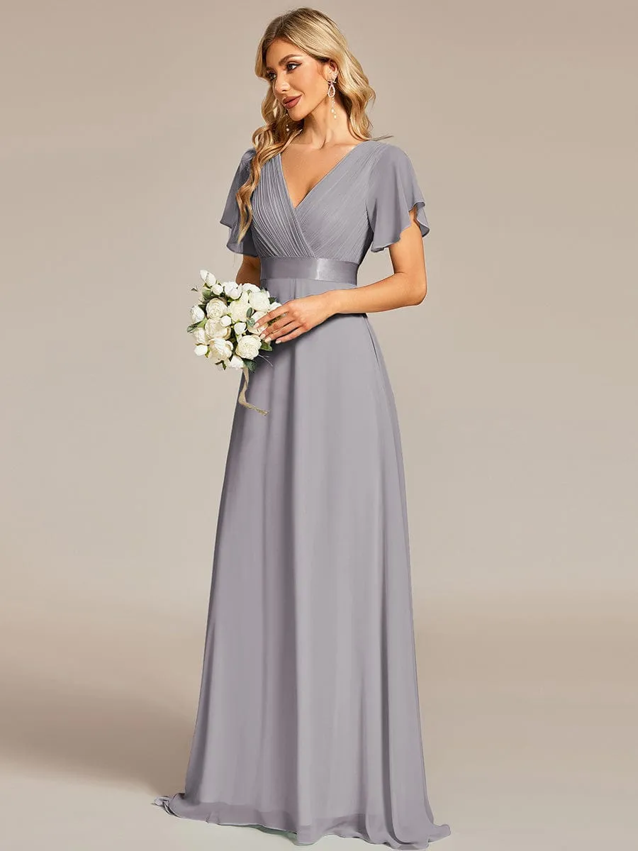 Long Chiffon Empire Waist Bridesmaid Dress with Short Flutter Sleeves