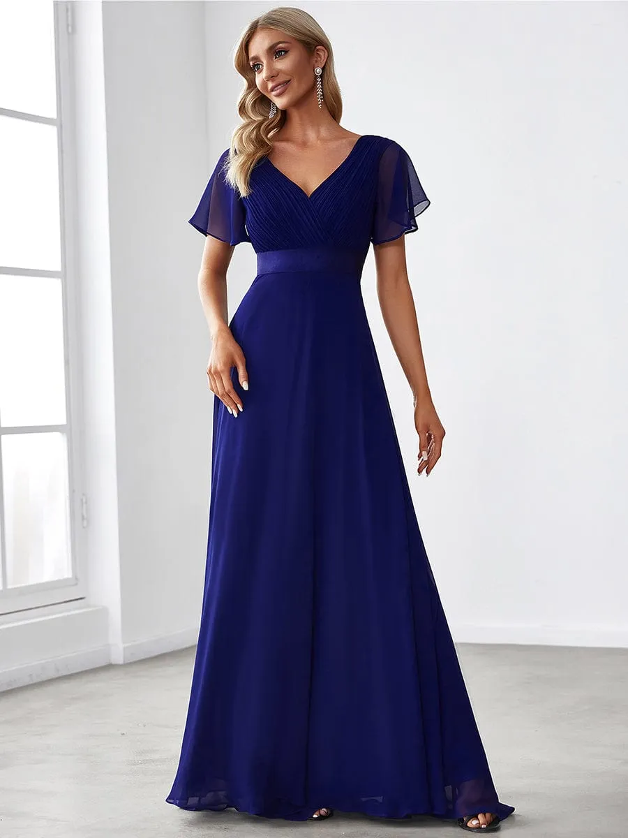 Long Chiffon Empire Waist Bridesmaid Dress with Short Flutter Sleeves