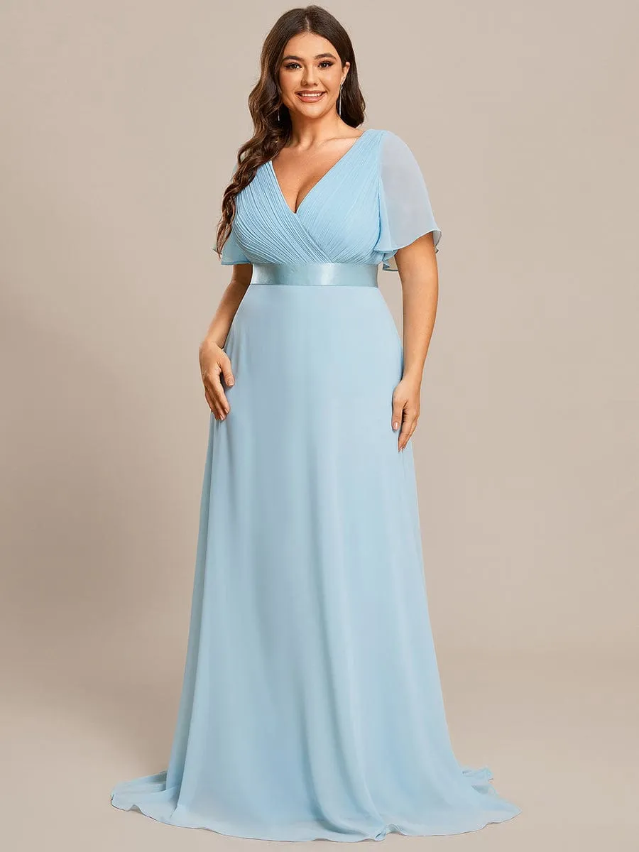 Long Chiffon Empire Waist Bridesmaid Dress with Short Flutter Sleeves