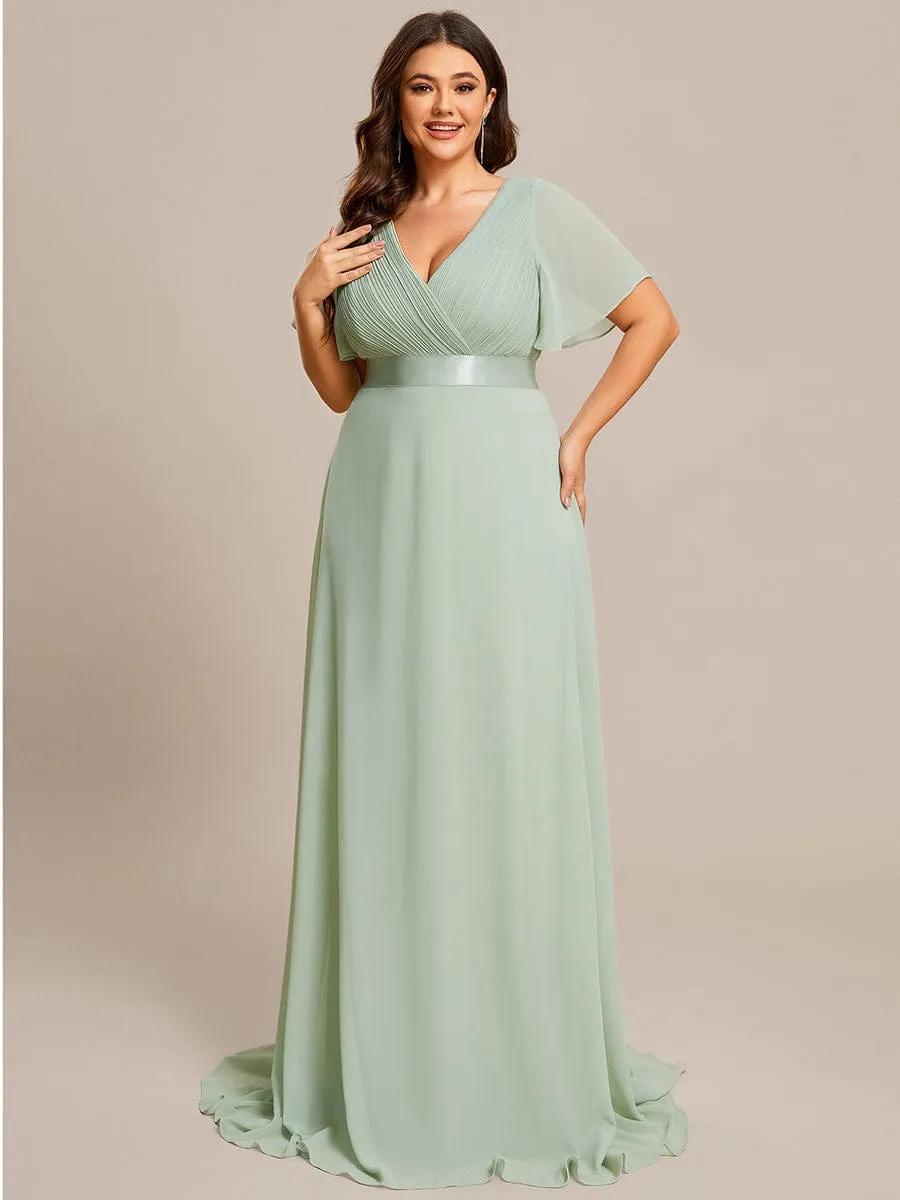 Long Chiffon Empire Waist Bridesmaid Dress with Short Flutter Sleeves