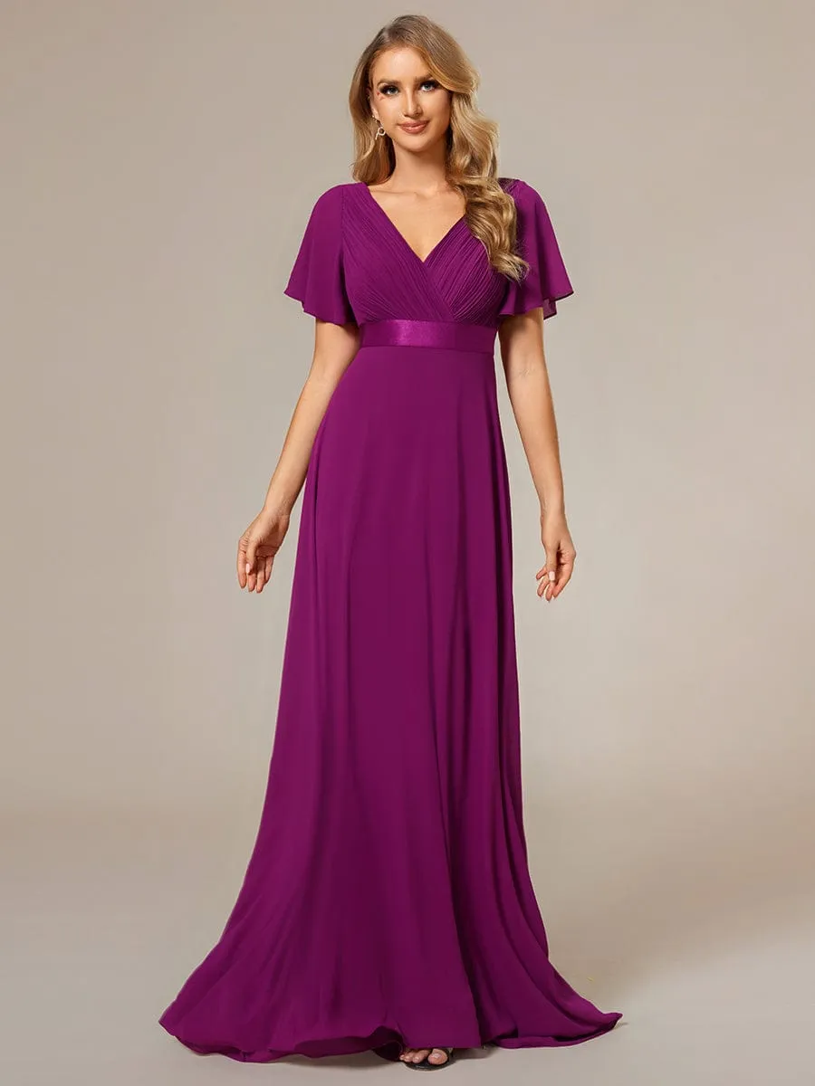 Long Chiffon Empire Waist Bridesmaid Dress with Short Flutter Sleeves