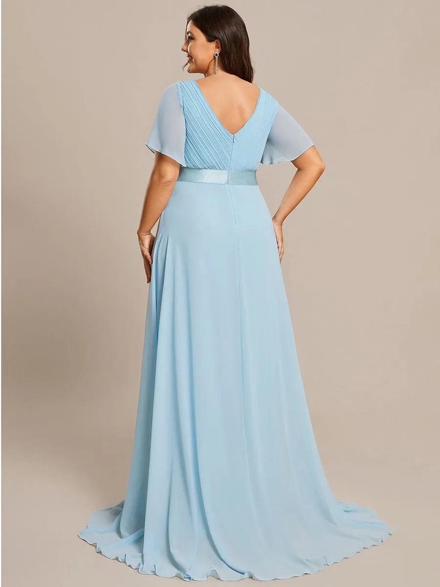 Long Chiffon Empire Waist Bridesmaid Dress with Short Flutter Sleeves