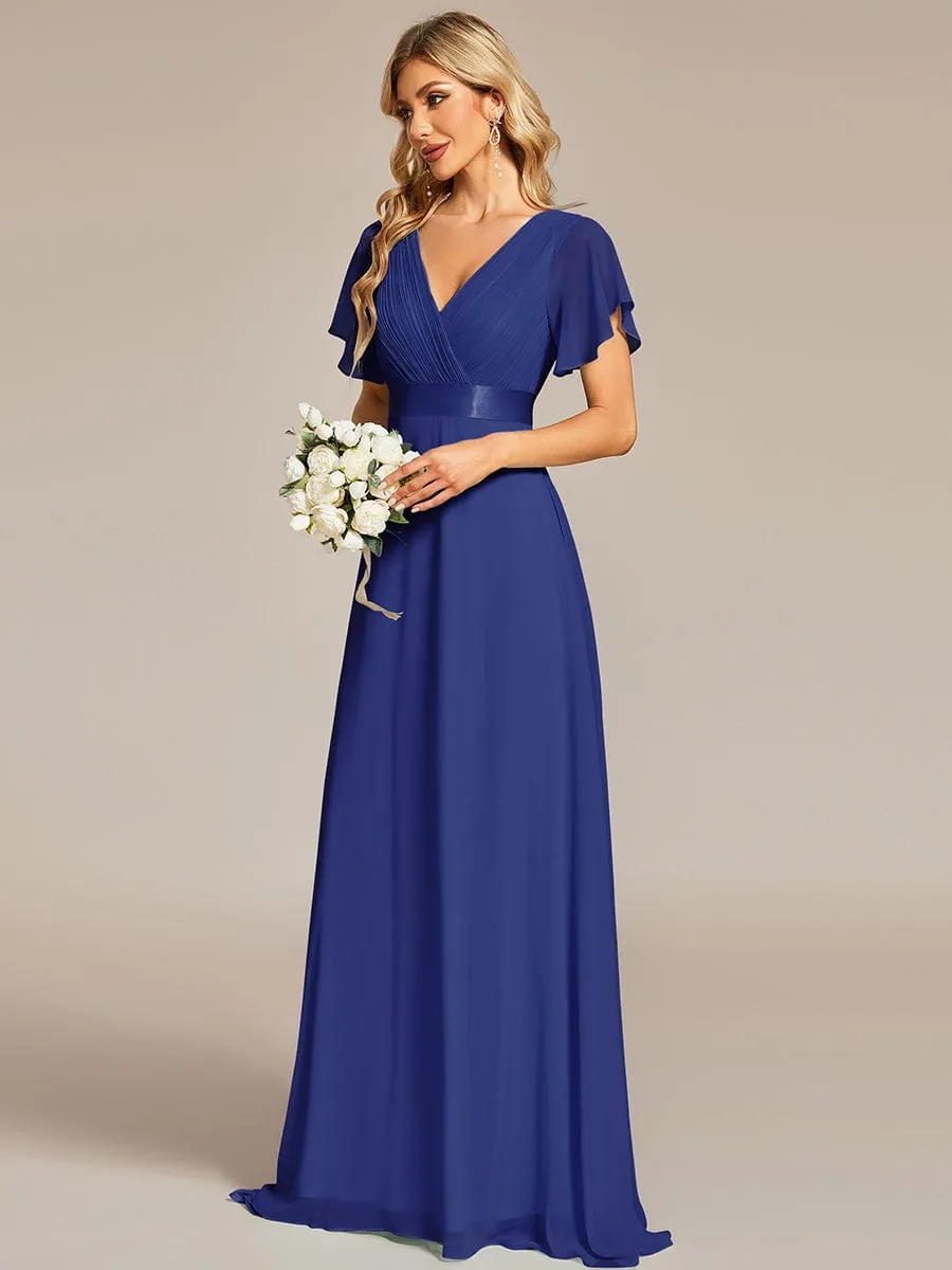 Long Chiffon Empire Waist Bridesmaid Dress with Short Flutter Sleeves