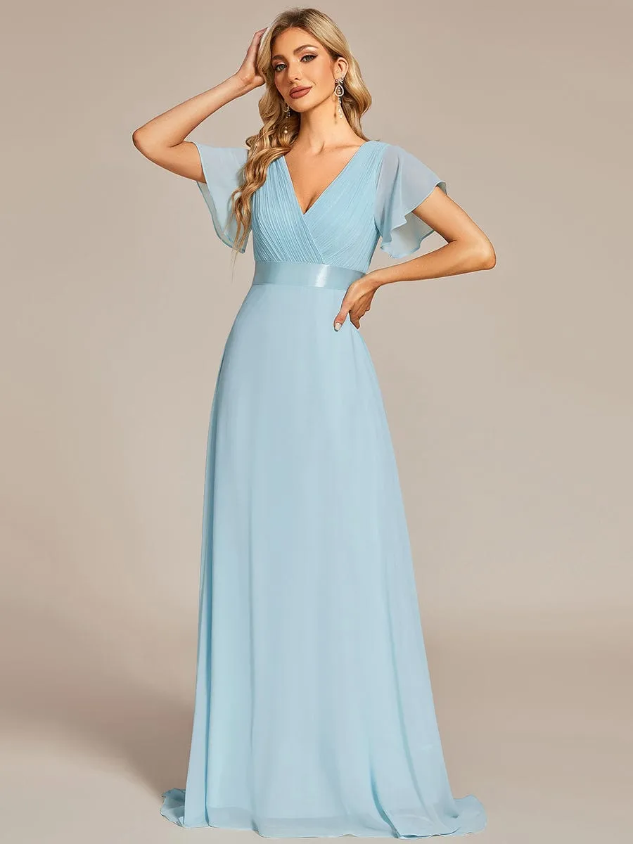 Long Chiffon Empire Waist Bridesmaid Dress with Short Flutter Sleeves