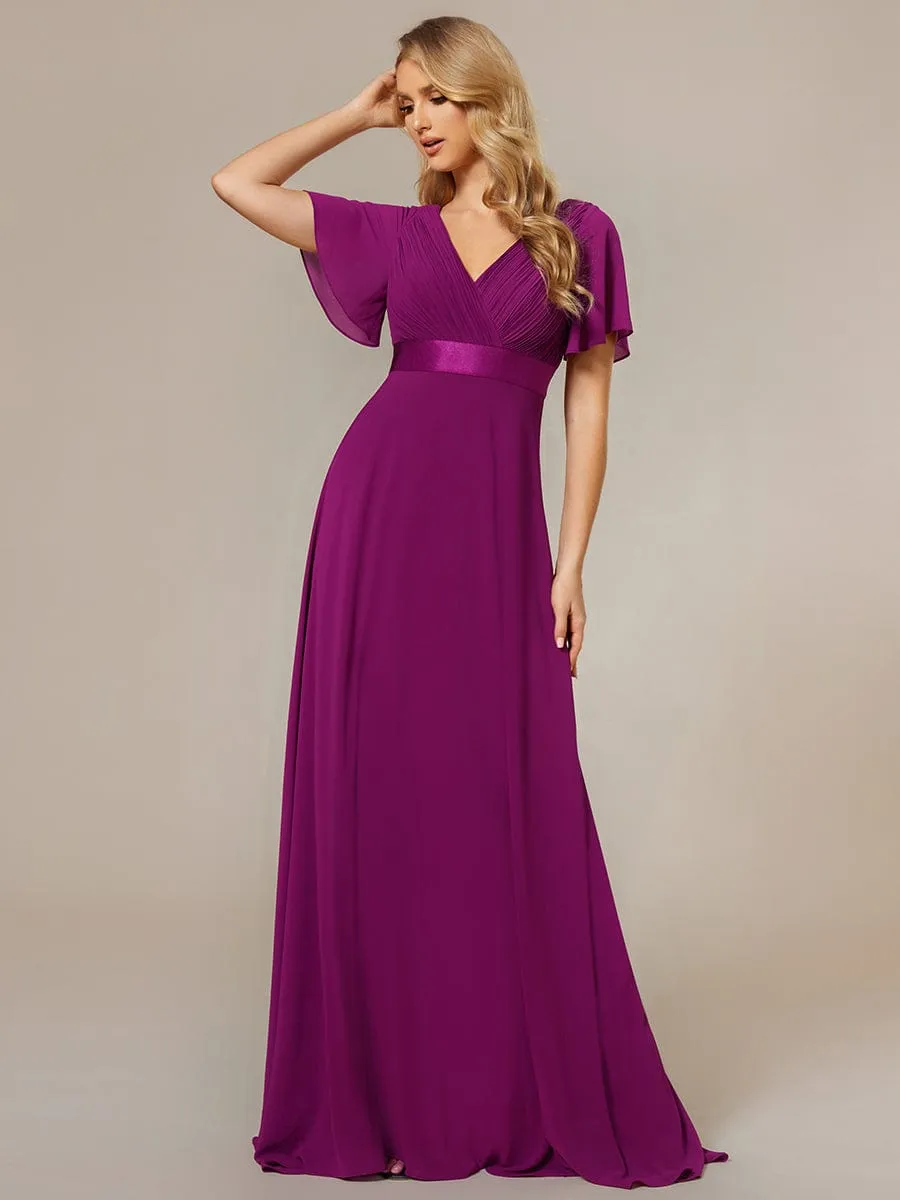 Long Chiffon Empire Waist Bridesmaid Dress with Short Flutter Sleeves