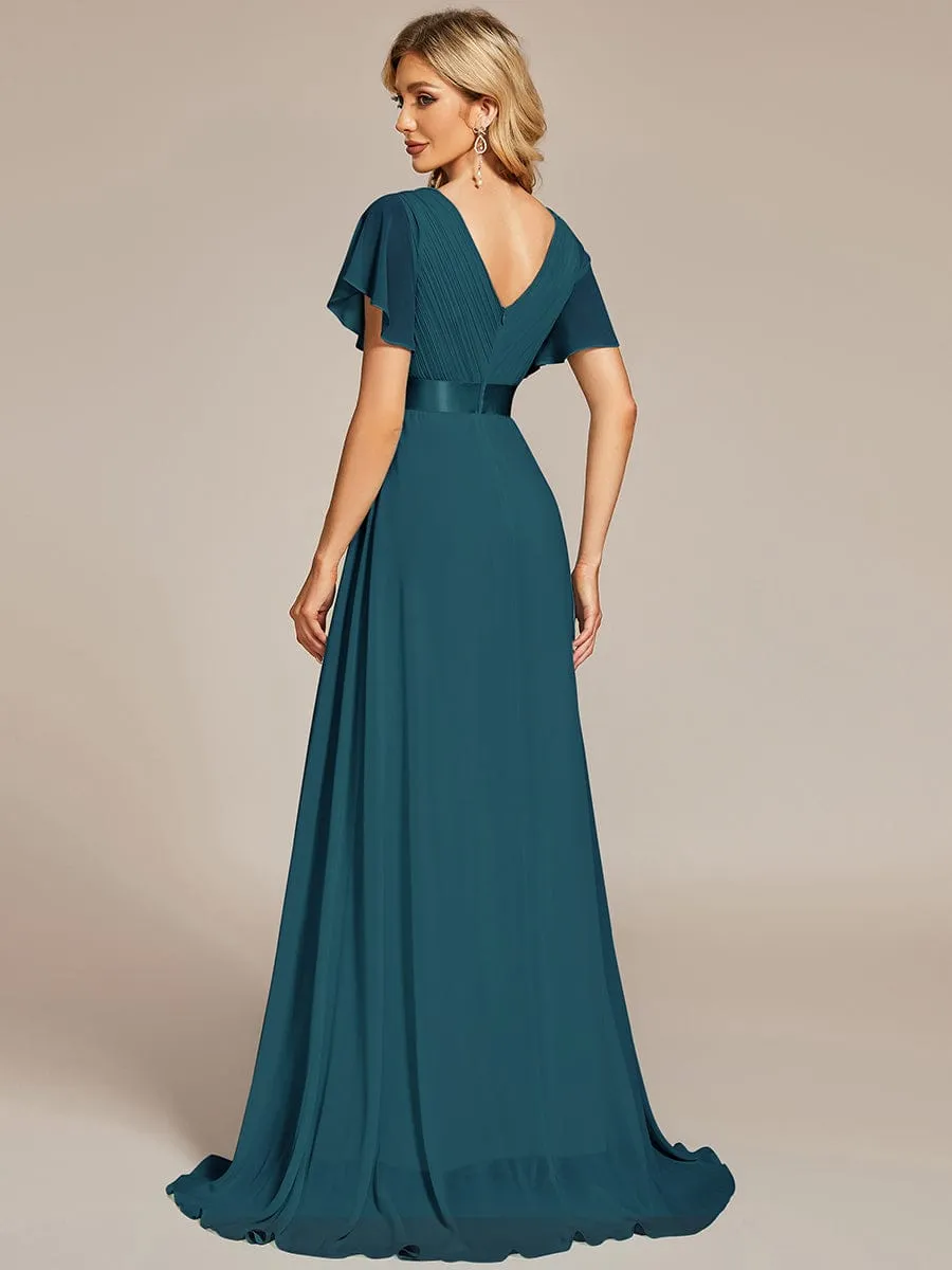 Long Chiffon Empire Waist Bridesmaid Dress with Short Flutter Sleeves