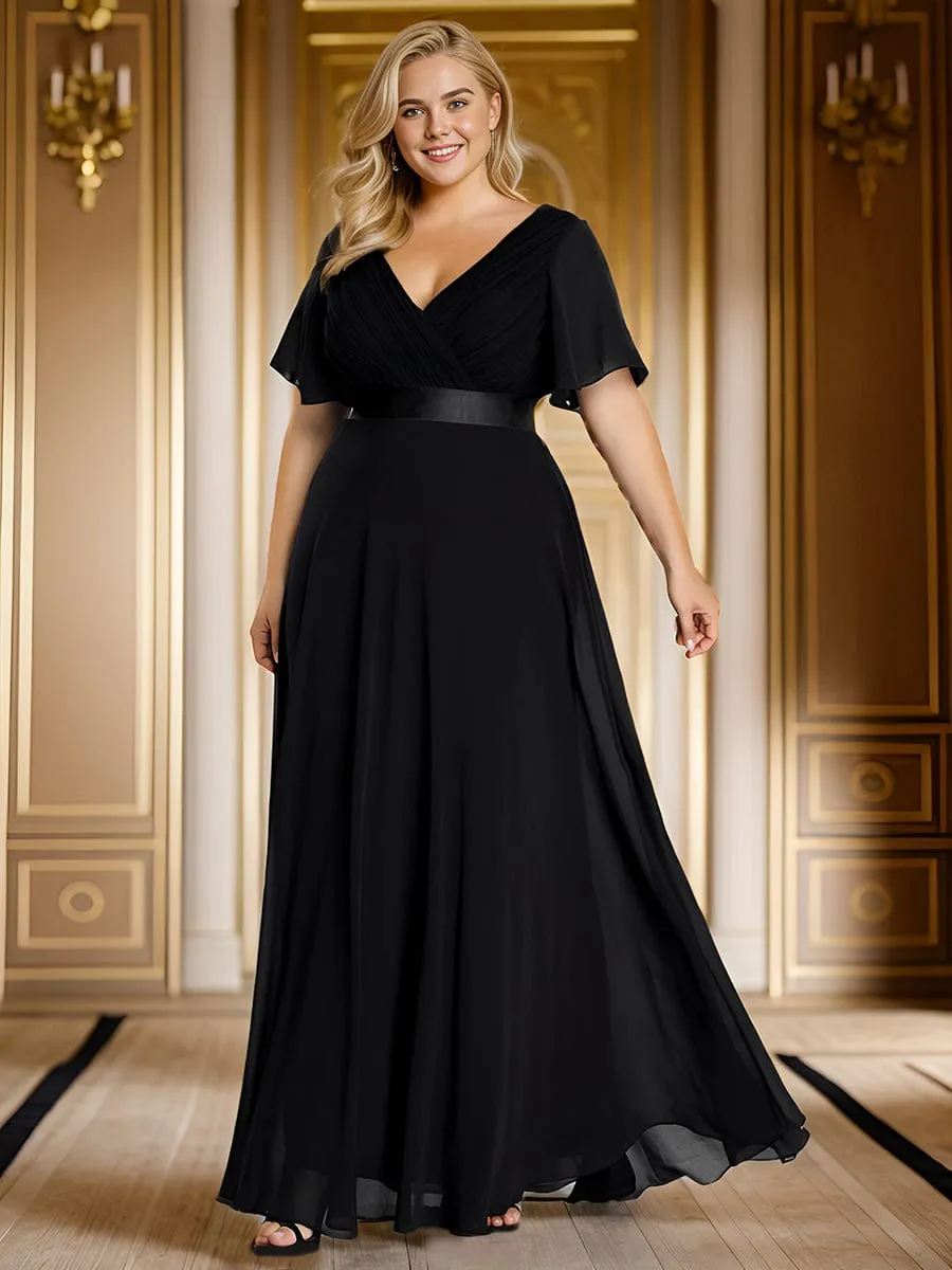 Long Chiffon Empire Waist Bridesmaid Dress with Short Flutter Sleeves