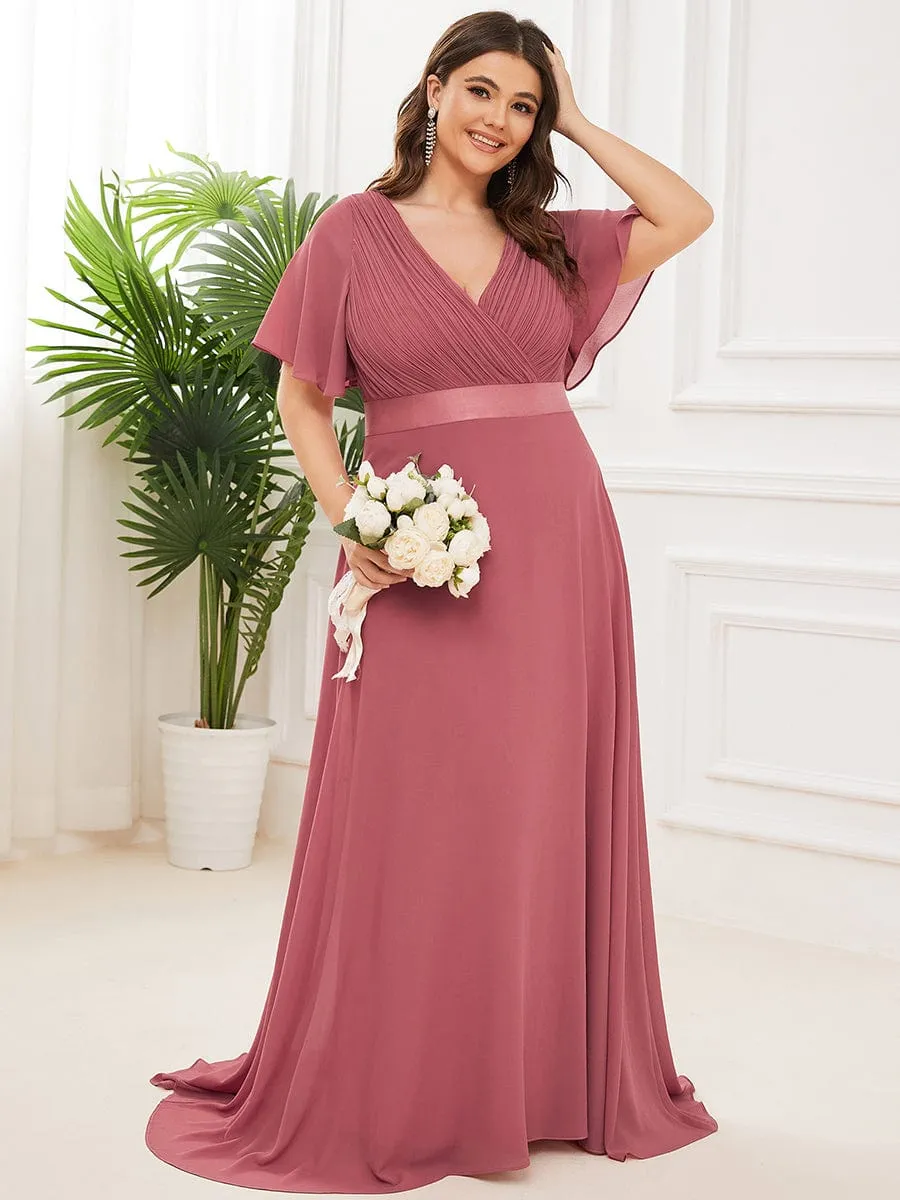 Long Chiffon Empire Waist Bridesmaid Dress with Short Flutter Sleeves