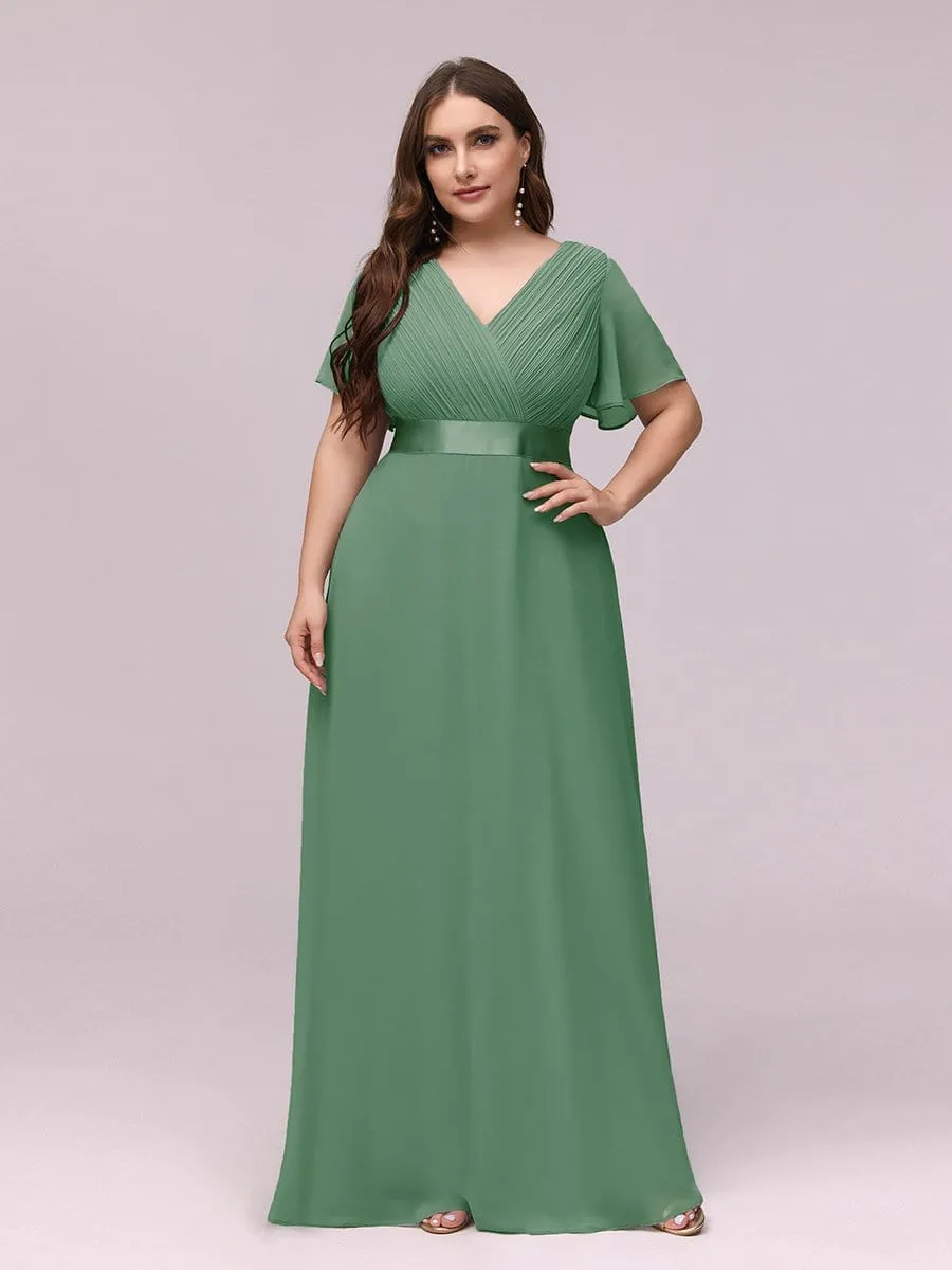 Long Chiffon Empire Waist Bridesmaid Dress with Short Flutter Sleeves