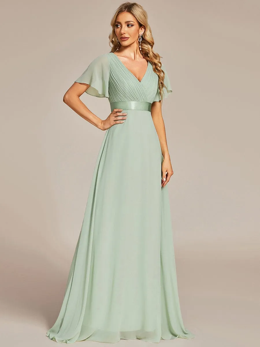 Long Chiffon Empire Waist Bridesmaid Dress with Short Flutter Sleeves