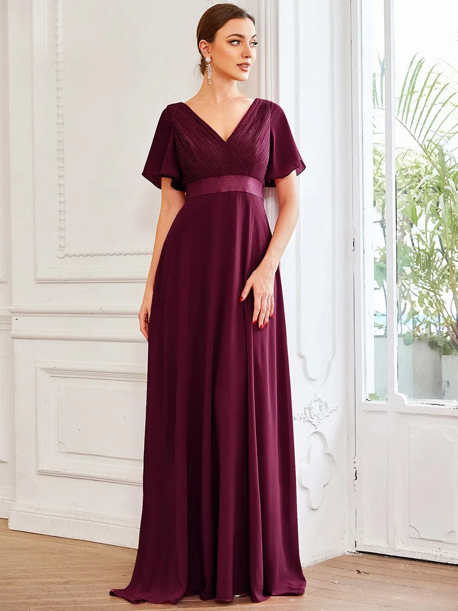 Long Chiffon Empire Waist Bridesmaid Dress with Short Flutter Sleeves