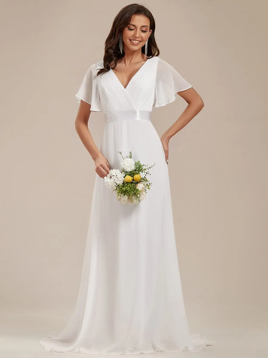 Long Chiffon Empire Waist Bridesmaid Dress with Short Flutter Sleeves