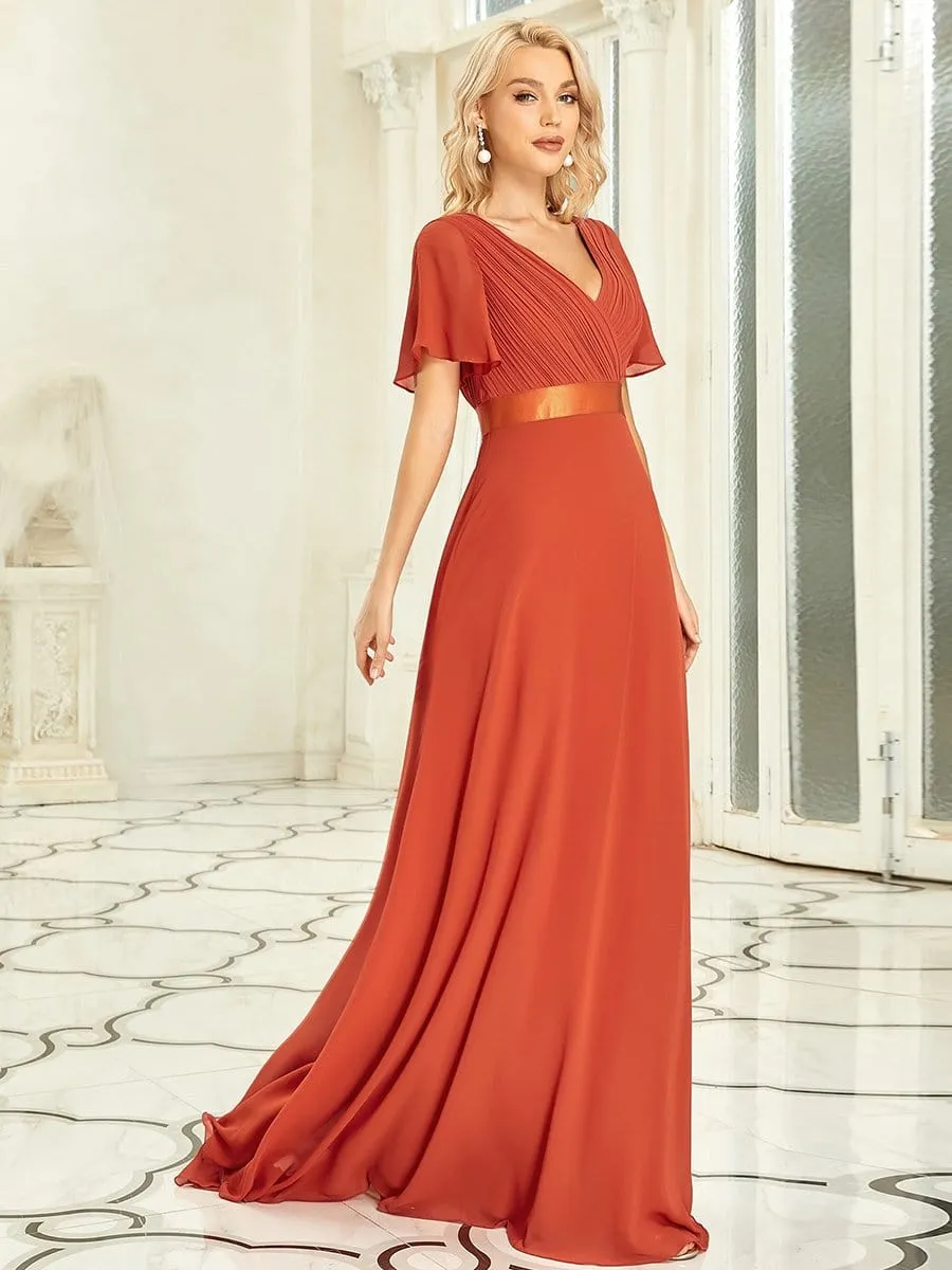 Long Chiffon Empire Waist Bridesmaid Dress with Short Flutter Sleeves