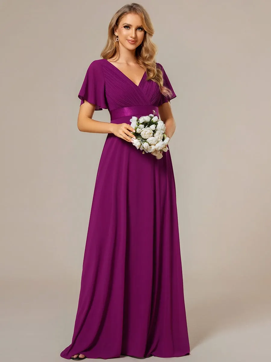 Long Chiffon Empire Waist Bridesmaid Dress with Short Flutter Sleeves