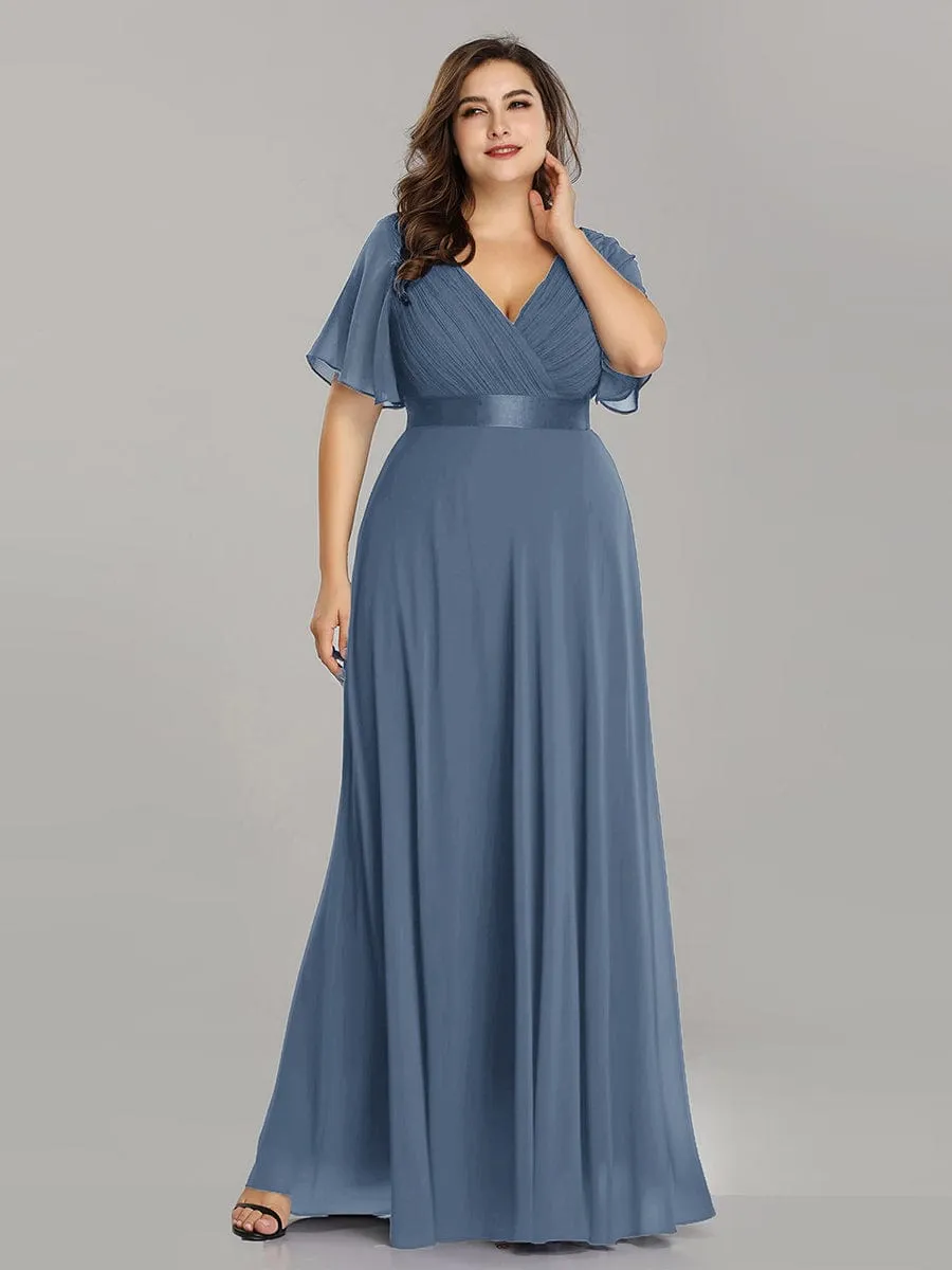 Long Chiffon Empire Waist Bridesmaid Dress with Short Flutter Sleeves