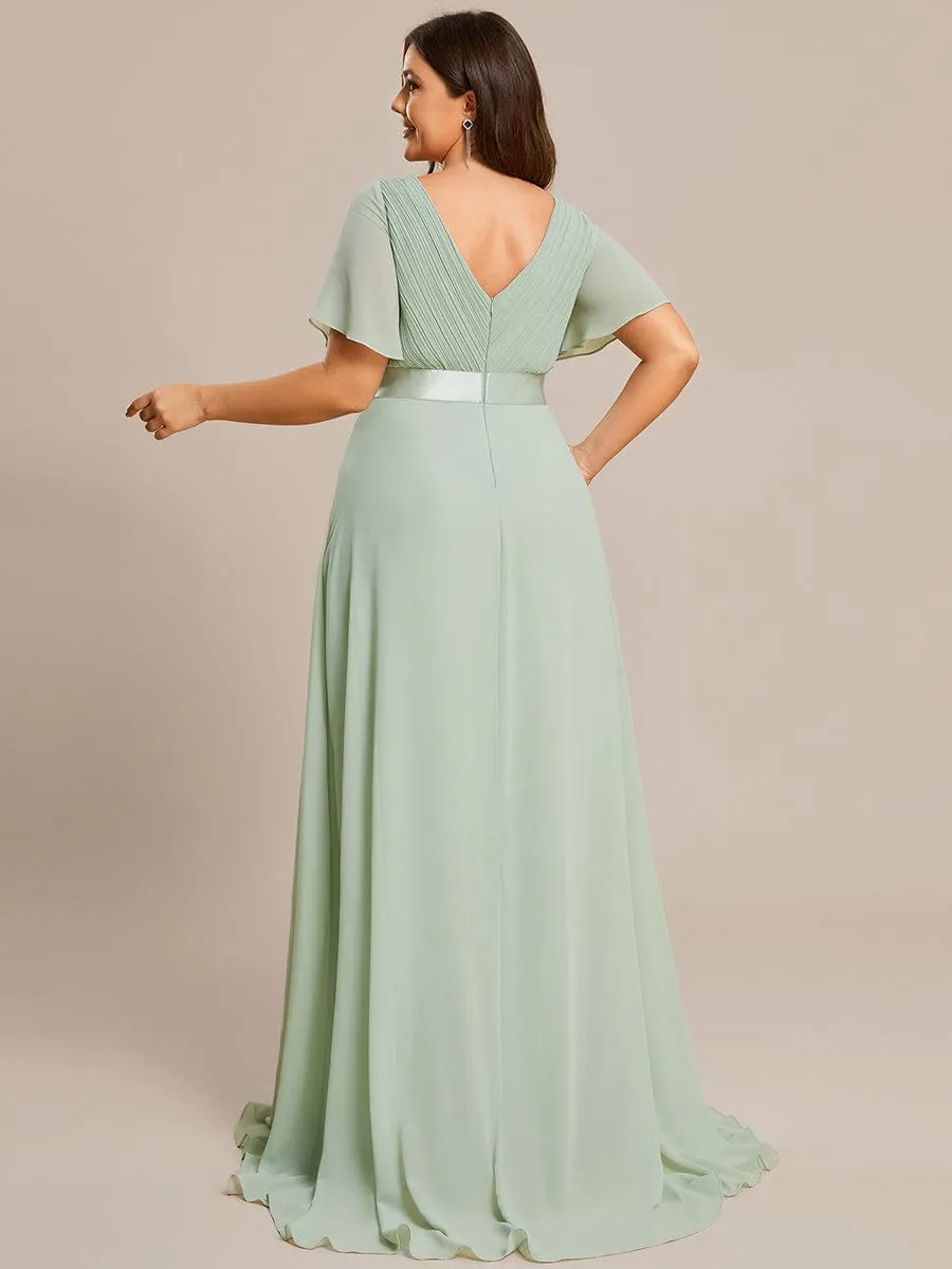 Long Chiffon Empire Waist Bridesmaid Dress with Short Flutter Sleeves