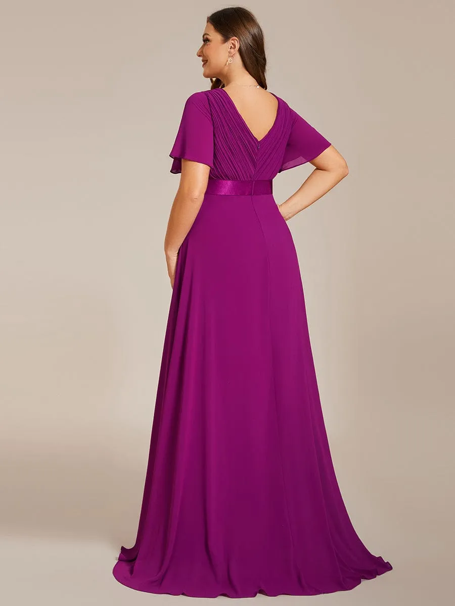 Long Chiffon Empire Waist Bridesmaid Dress with Short Flutter Sleeves