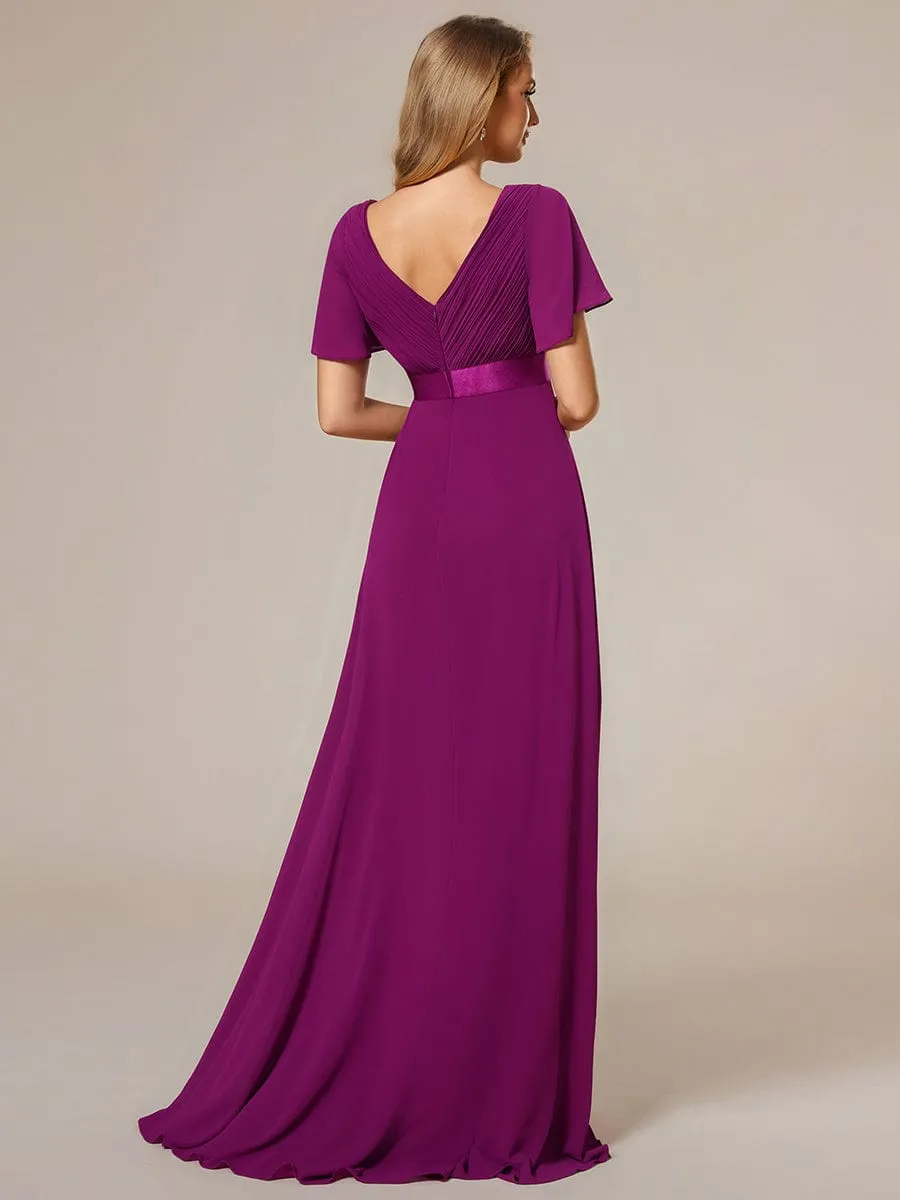 Long Chiffon Empire Waist Bridesmaid Dress with Short Flutter Sleeves