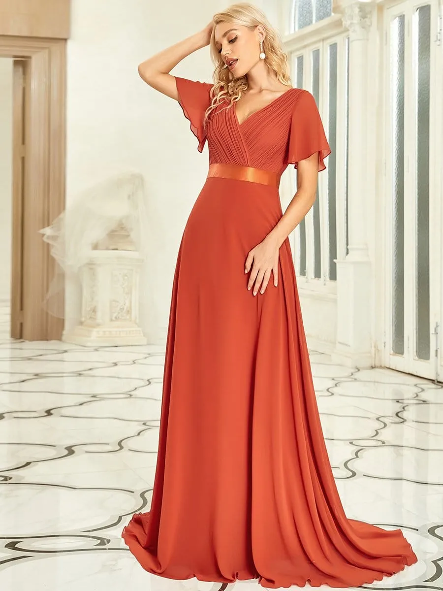 Long Chiffon Empire Waist Bridesmaid Dress with Short Flutter Sleeves