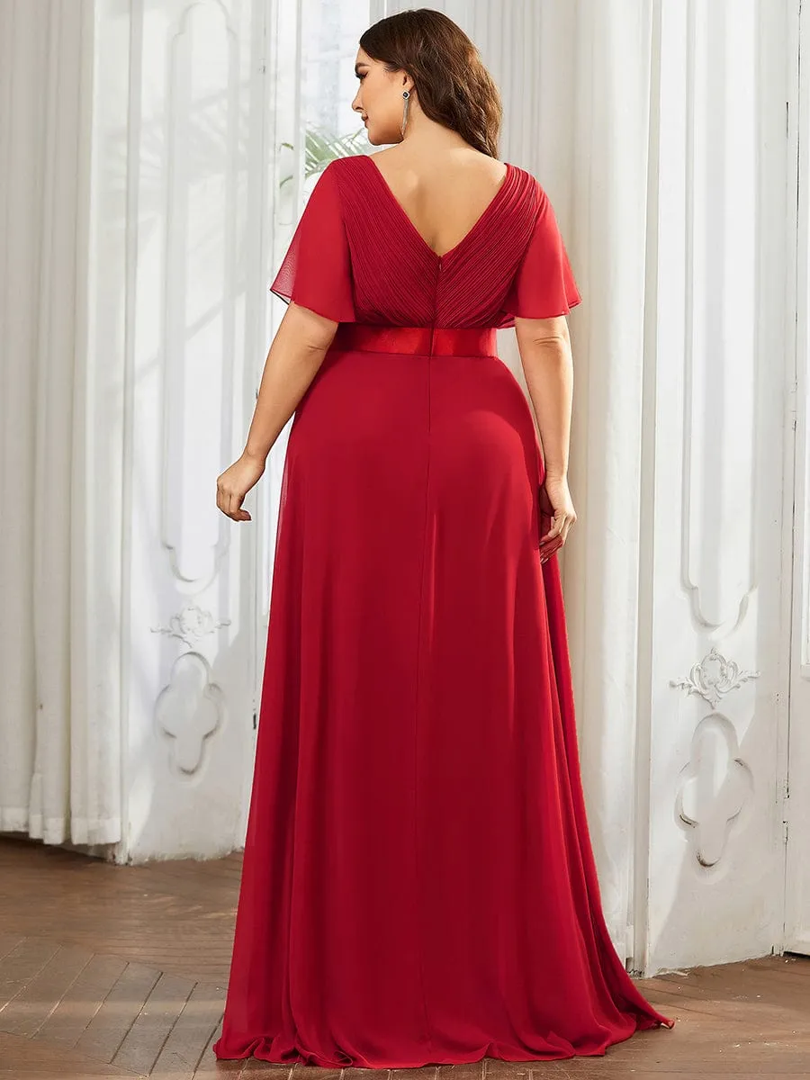 Long Chiffon Empire Waist Bridesmaid Dress with Short Flutter Sleeves