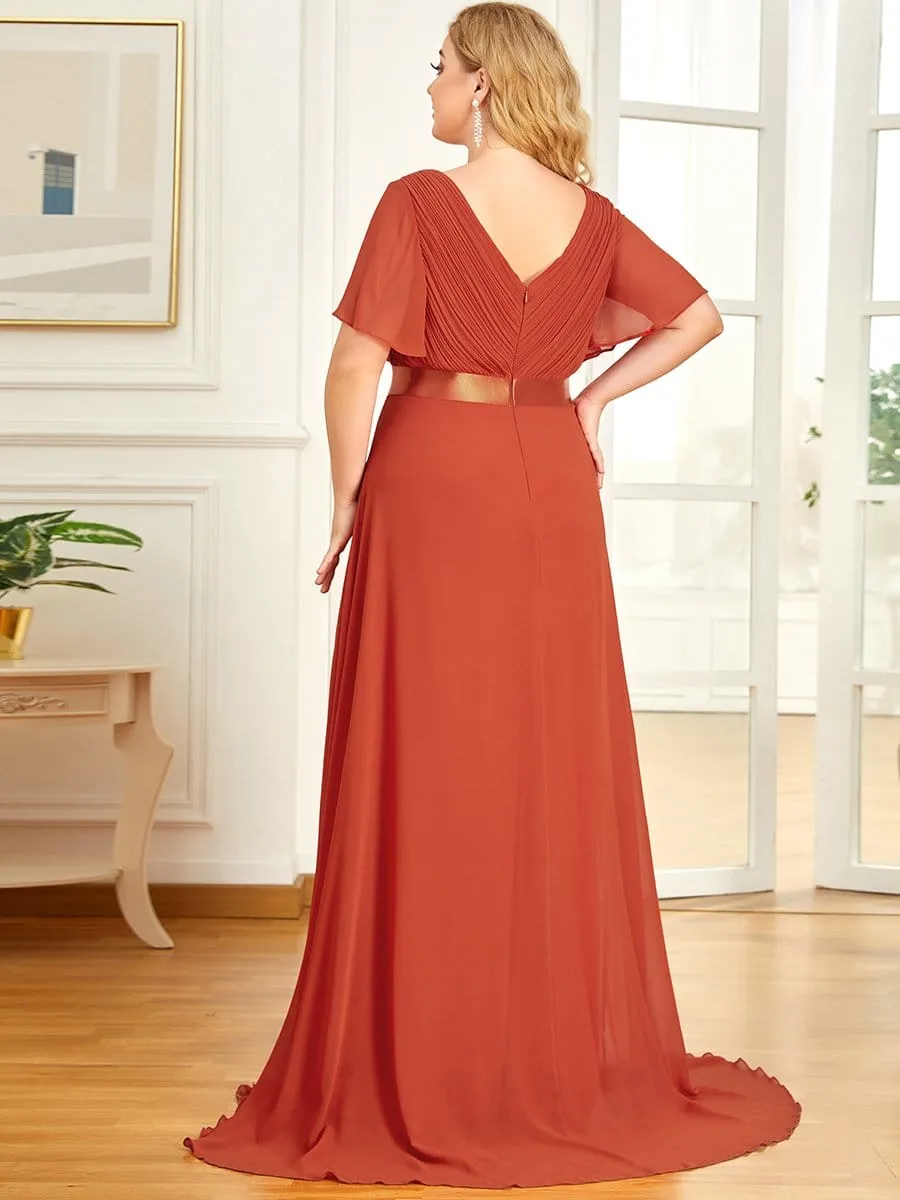 Long Chiffon Empire Waist Bridesmaid Dress with Short Flutter Sleeves