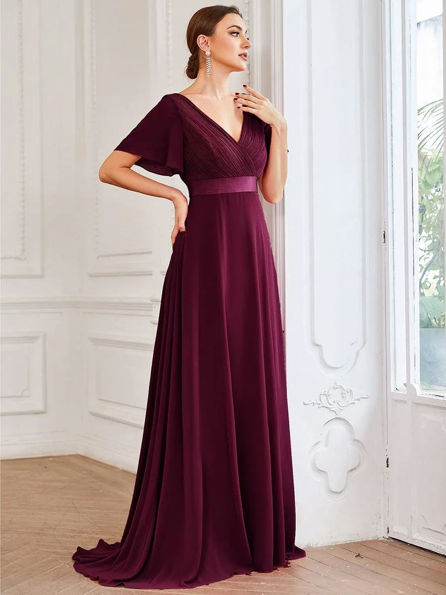 Long Chiffon Empire Waist Bridesmaid Dress with Short Flutter Sleeves